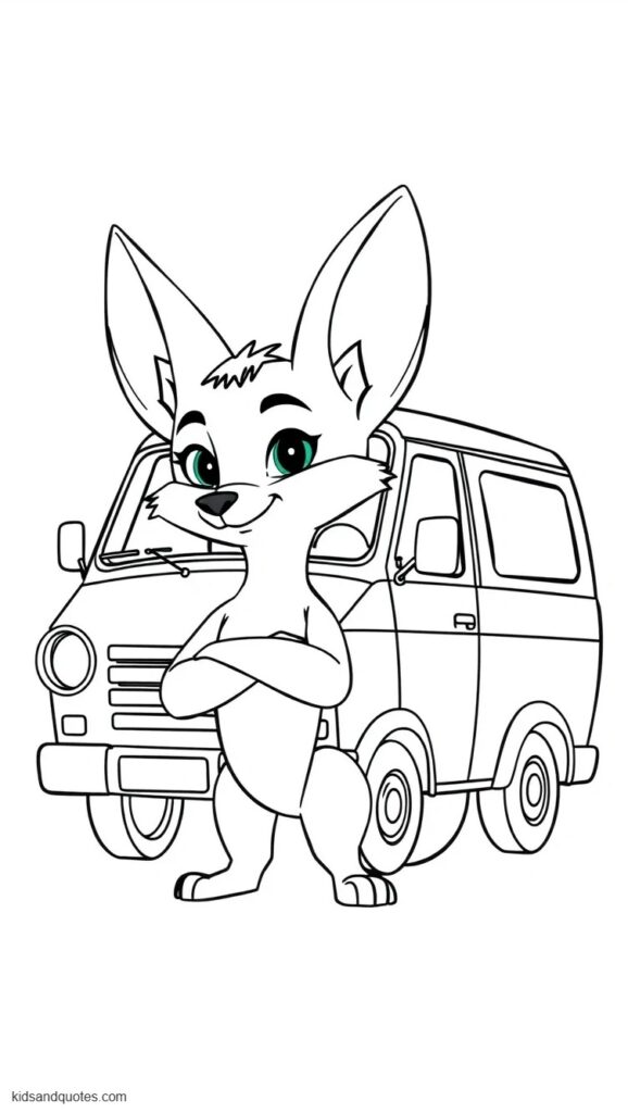 Coloring page of Finnick, the small fennec fox, standing beside his oversized van with his large ears raised and arms folded.