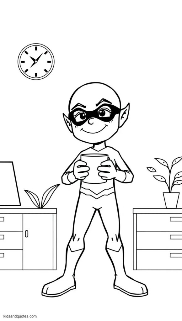Coloring page of a full-body picture of Flash standing very still while holding a large steaming coffee cup with both hands.