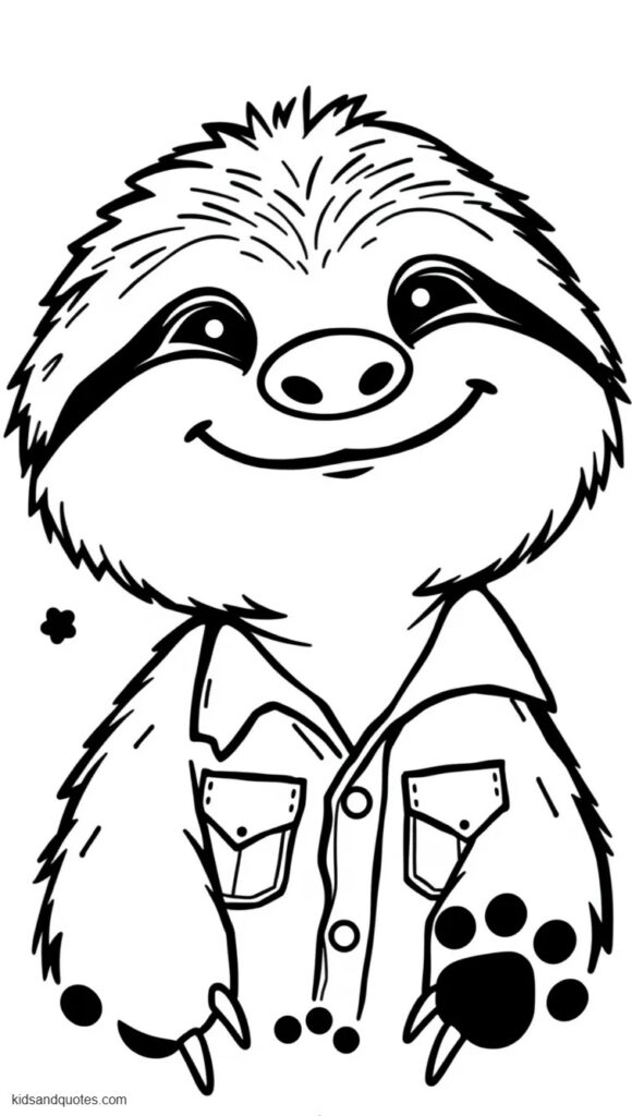Coloring page of a simple close-up portrait of Flash the sloth smiling directly at the viewer. 