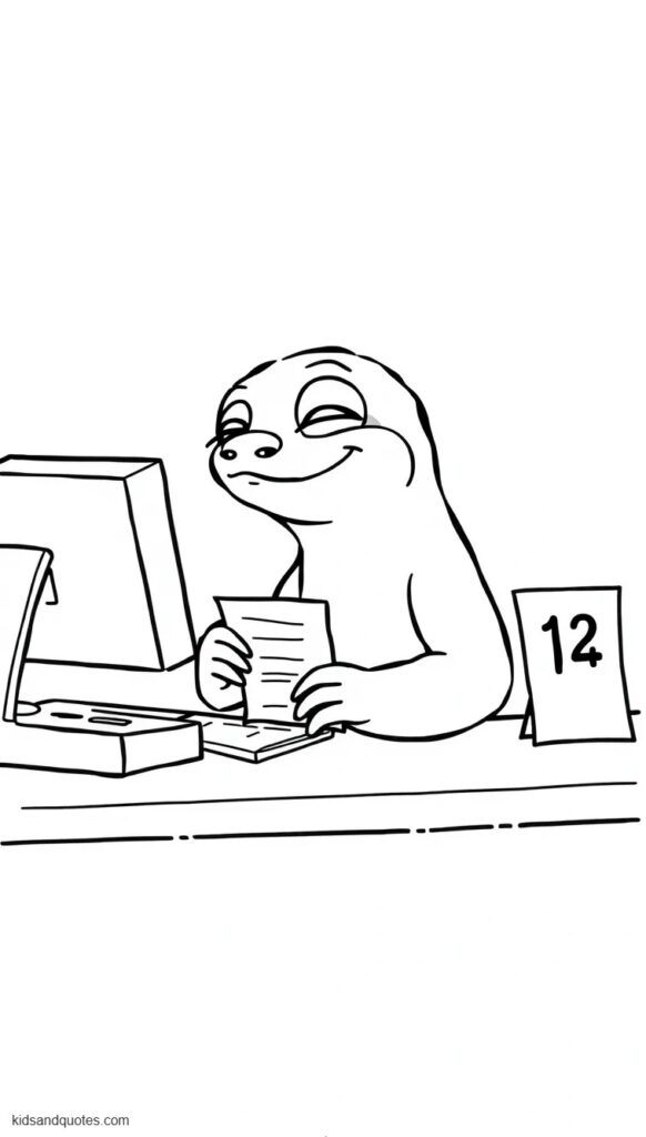 Coloring page of Flash the sloth sitting behind a DMV counter while slowly stamping a form.