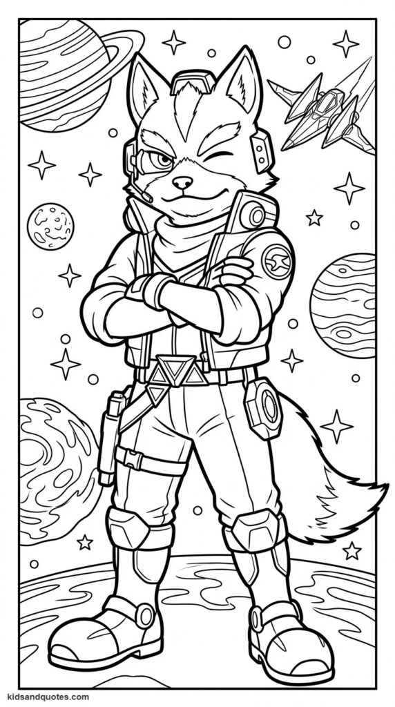 Coloring page of Fox McCloud cameo pose.
