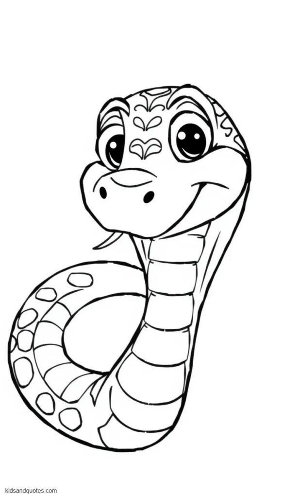 Printable zootopia coloring page of  a friendly close-up portrait of Gary De’Snake with large rounded eyes, patterned head scales, two curved fangs and a gentle smile.