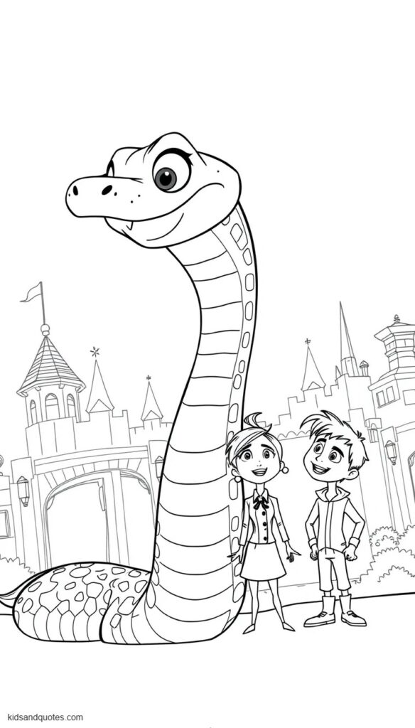 Coloring page of Gary De’Snake rising in a friendly curved pose at the entrance to Zootopia while Judy and Nick react with surprise.