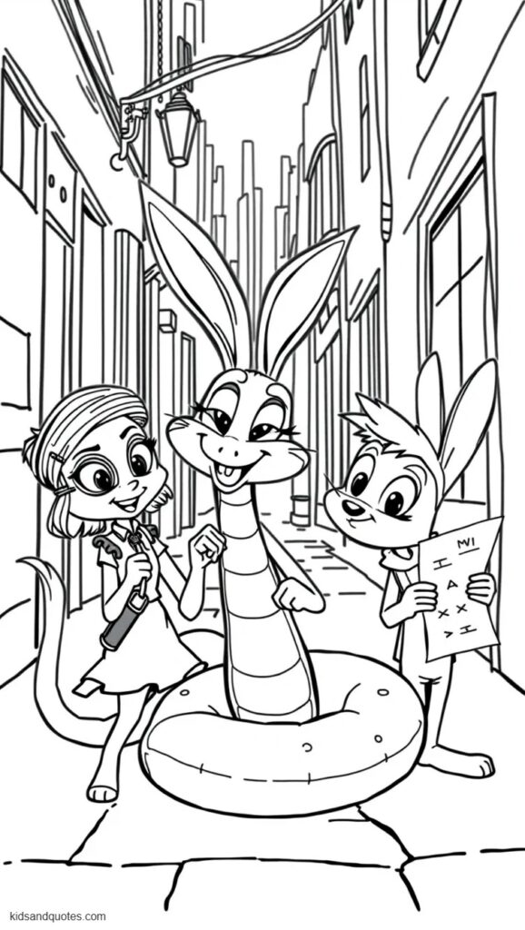 Coloring page of  Gary De’Snake coiled happily beside Judy Hopps and Nick Wilde as the three examine a mysterious picture clue.