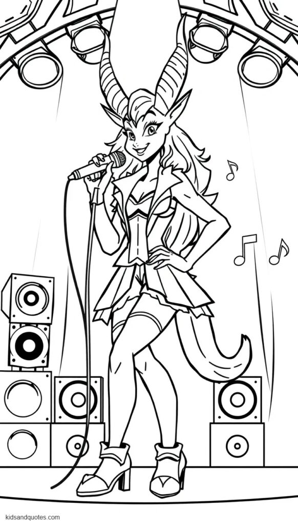 Coloring Page of Gazelle singing confidently on a concert stage while holding a microphone.