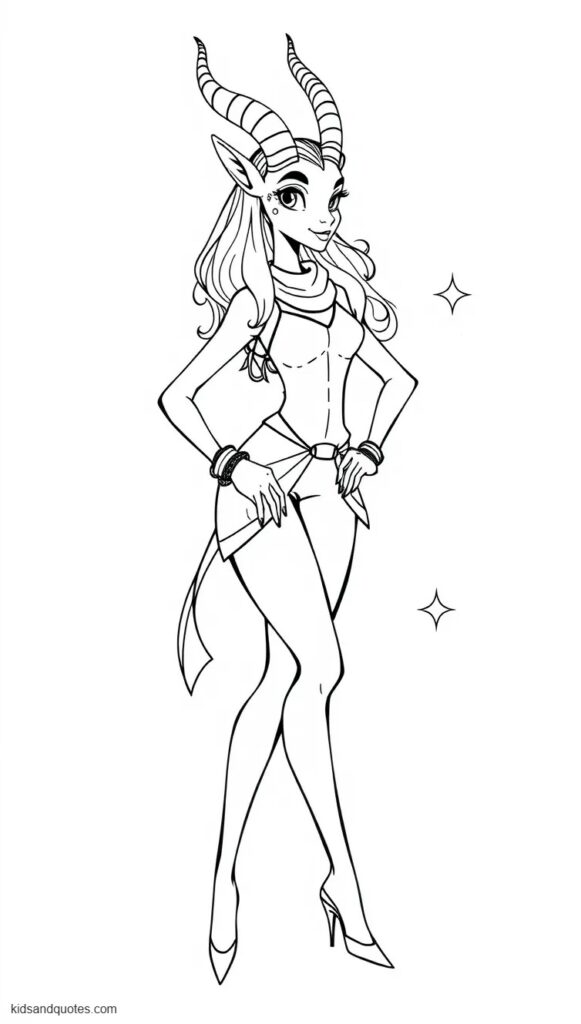 Coloring page of a full-body portrait of Gazelle posing elegantly with one hand on her hip.
