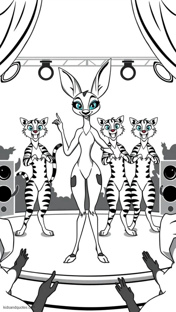 Coloring page of Gazelle performing at the center of a Zootopia concert with four tiger backup dancers arranged symmetrically behind her.