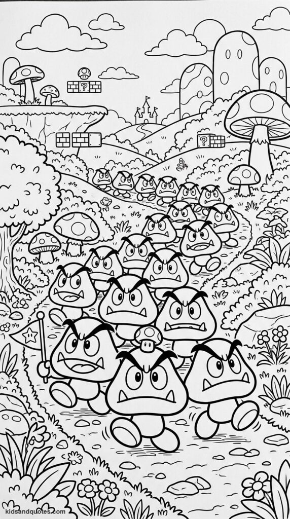 Coloring page of Goomba group scene.