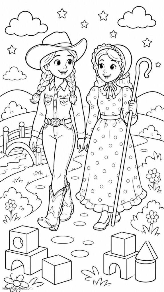 Coloring page: Jessie and Bo Peep on an adventure.