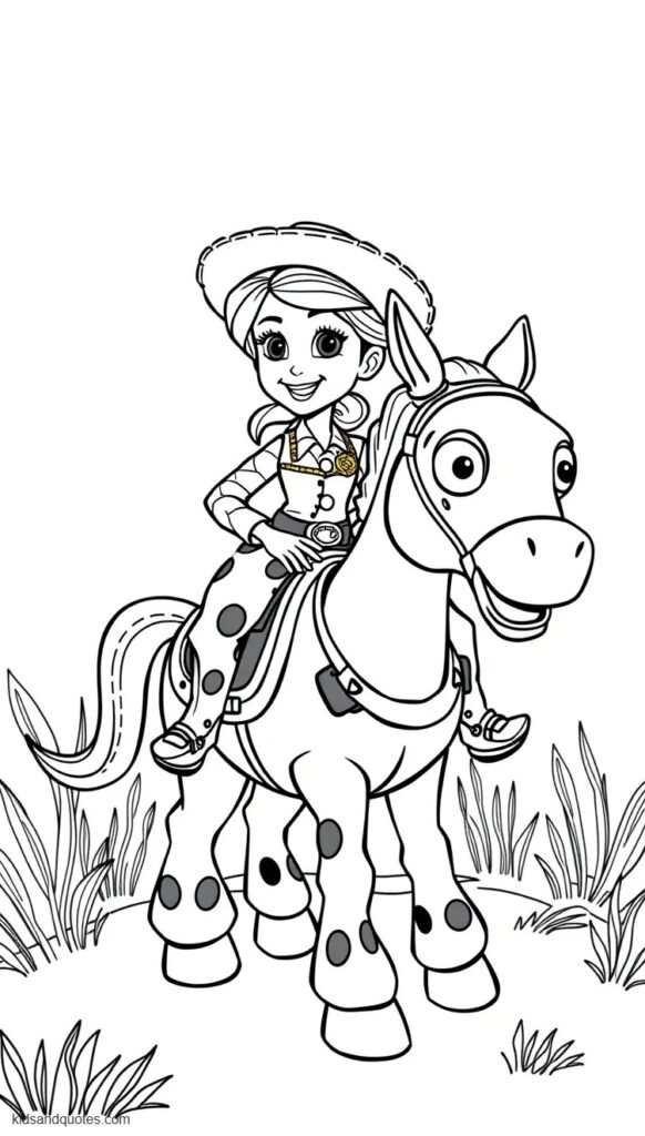 Coloring page of Jessie riding bulls eye.