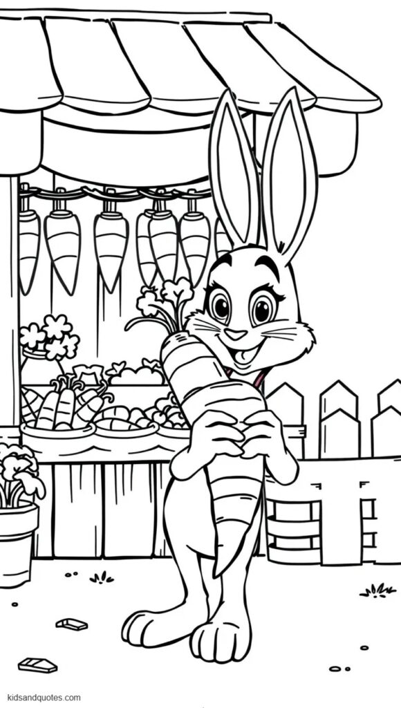Coloring page of Judy Hopps happily holding a large fresh carrot with both paws.