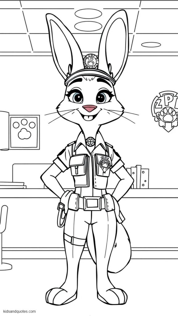 Printable coloring page of Judy Hopps standing inside the Zootopia Police Department in her complete ZPD police uniform, protective vest, badge and utility belt.