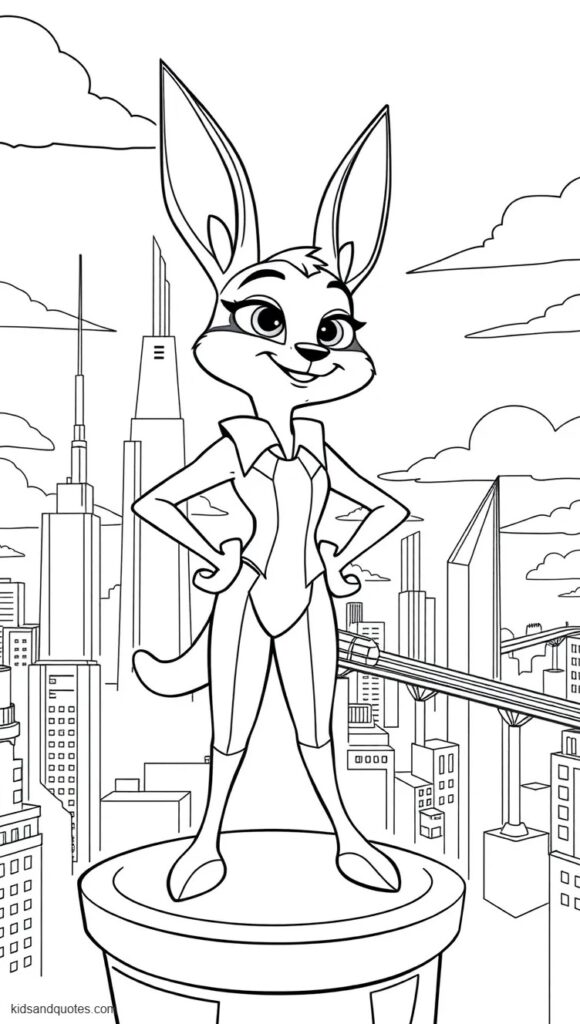 Coloring page of Judy Hopps standing heroically on a raised platform overlooking the Zootopia skyline. 