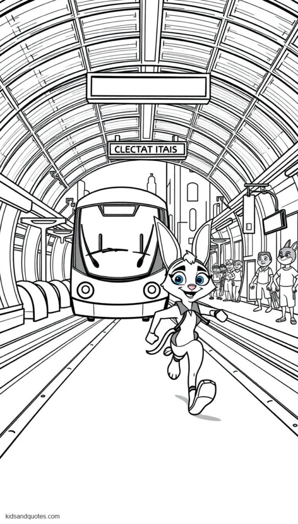 Coloring page of Judy and Nick running through a lively Zootopia transit station toward an arriving monorail.