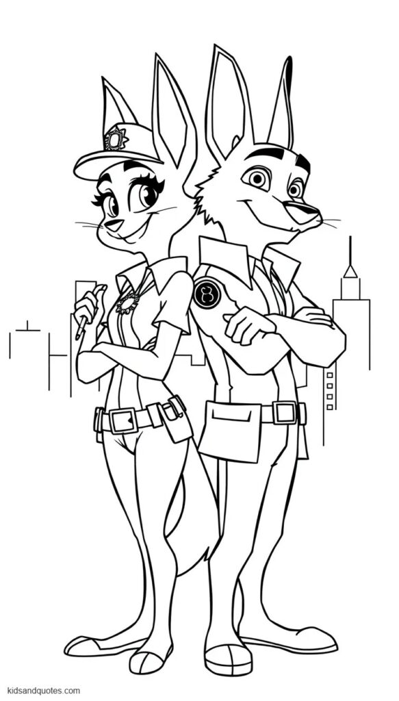 Free printable coloring page of Judy Hopps and Nick Wilde standing back to back in confident detective poses.
