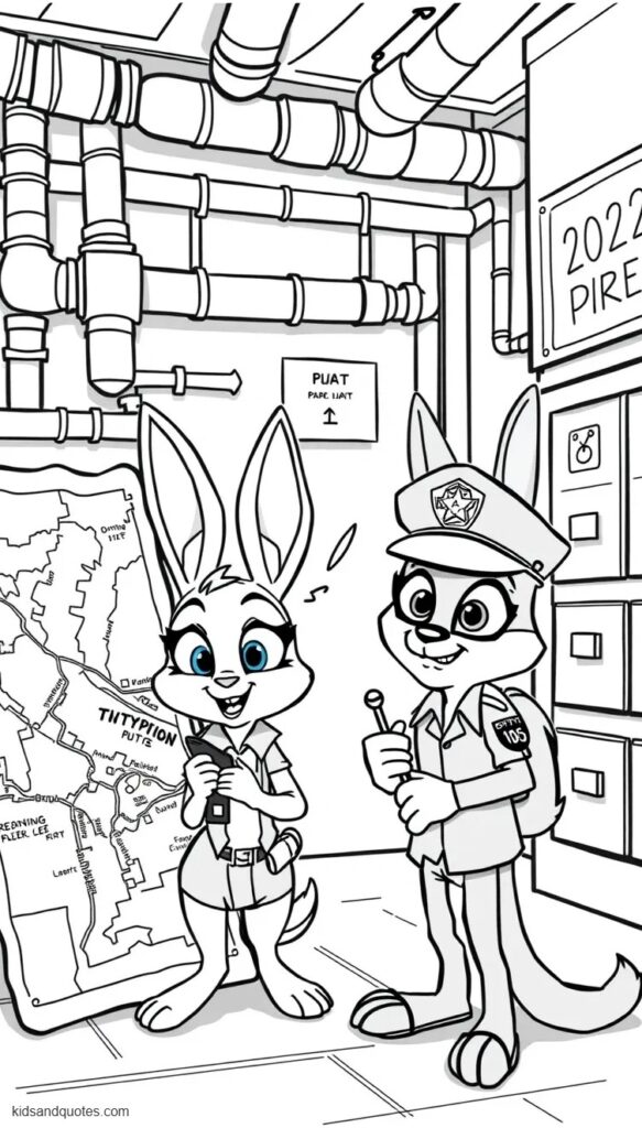 Coloring page of cops Judy Hopps and Nick Wilde investigating a mysterious reptile scale beside an old city map.