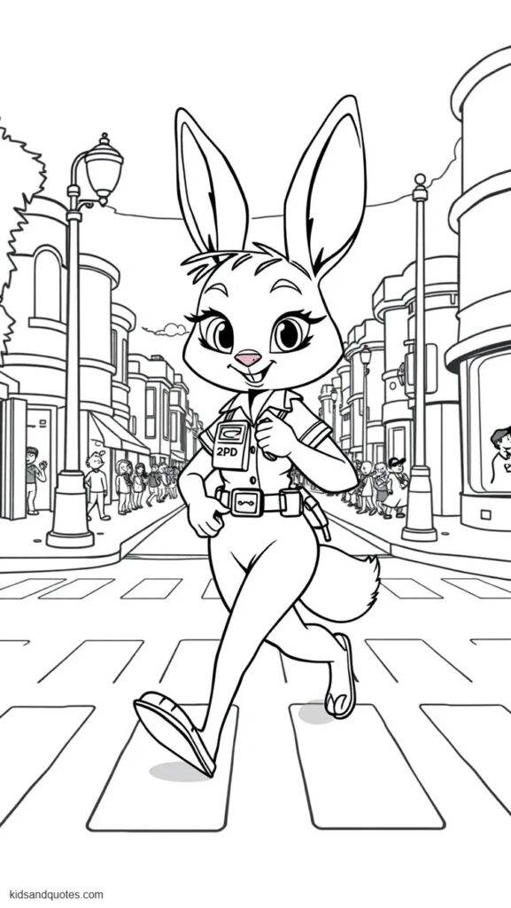 Judy Hopps walking confidently on patrol through Savanna Central. Carrying a small radio and wear her ZPD uniform and utility belt.
