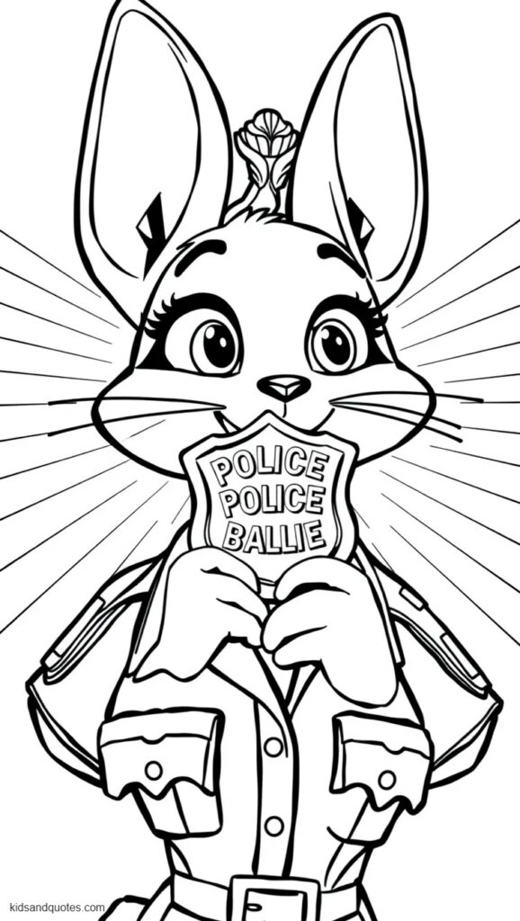 Free coloring page of Judy Hopps proudly holding her police badge toward the viewer. Judy wearing her police uniform and having an enthusiastic, determined expression.