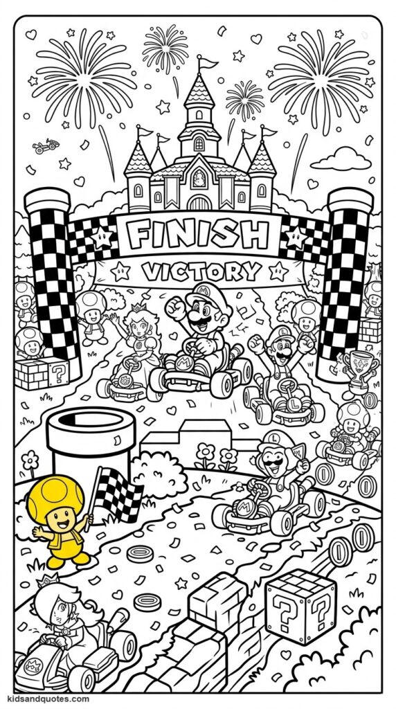 Kart race finish-line celebration coloring page.