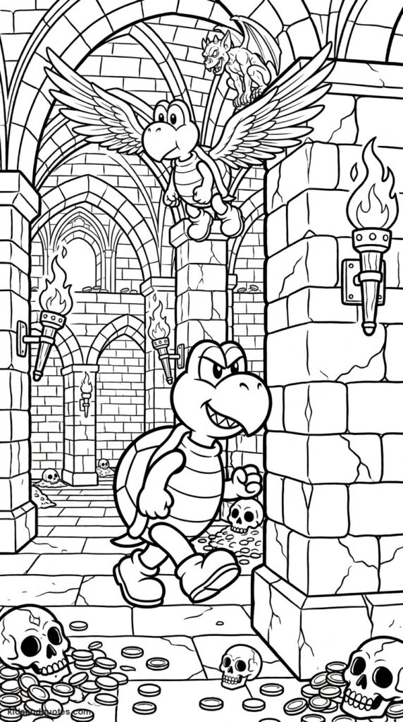 Coloring page PDF of Koopa Paratroopa flying with wings.