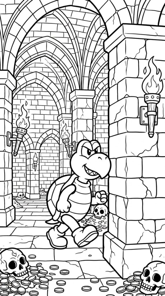 Coloring page of Koopa Troopa walking pose.