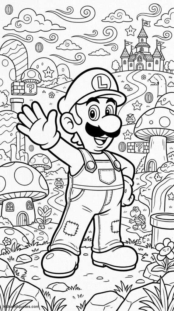 Coloring page of Luigi waving cheerfully.