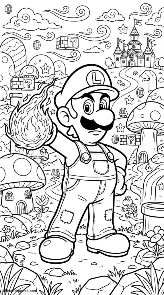 Coloring page of Luigi launching a fire ball.