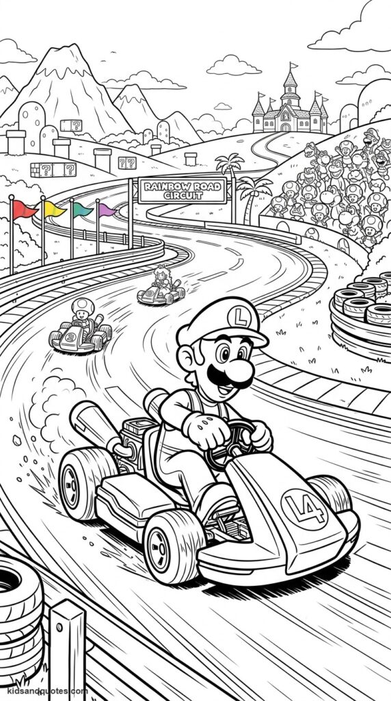 Coloring page of Luigi racing in his kart.