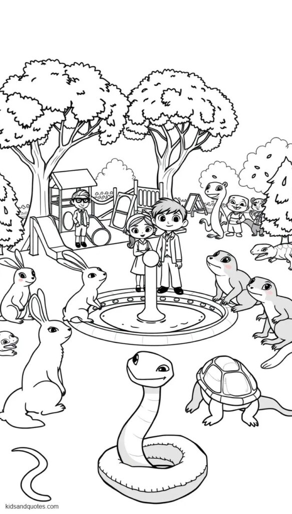 Printable zootopia coloring page of a joyful unity scene showing mammals and reptiles enjoying a new Zootopia city park together.