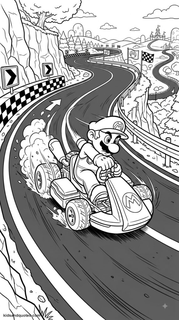 Coloring page of Mario drifting around a sharp corner.