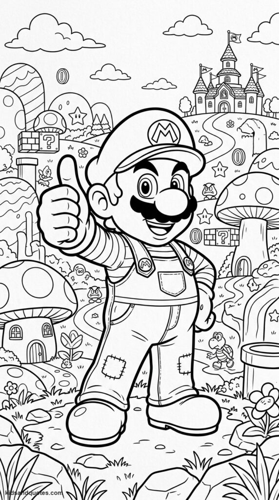 Super Mario coloring page: Mario giving a confident thumbs-up.