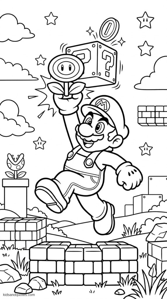 Printable coloring page of Mario holding a fire flower.