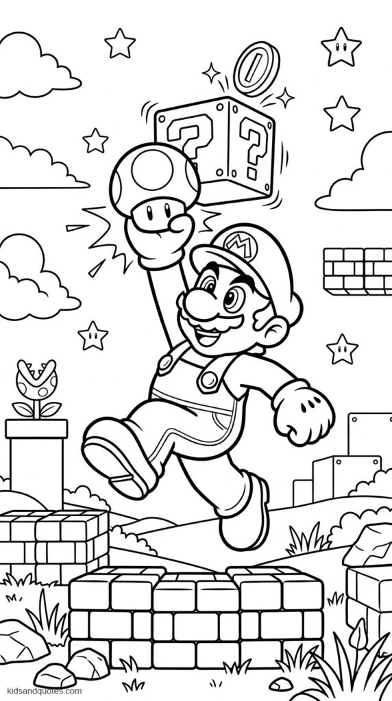 Free printable coloring page of Mario holding a mushroom power-up.