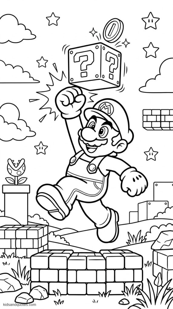 Coloring page of Mario jumping to hit a question block.