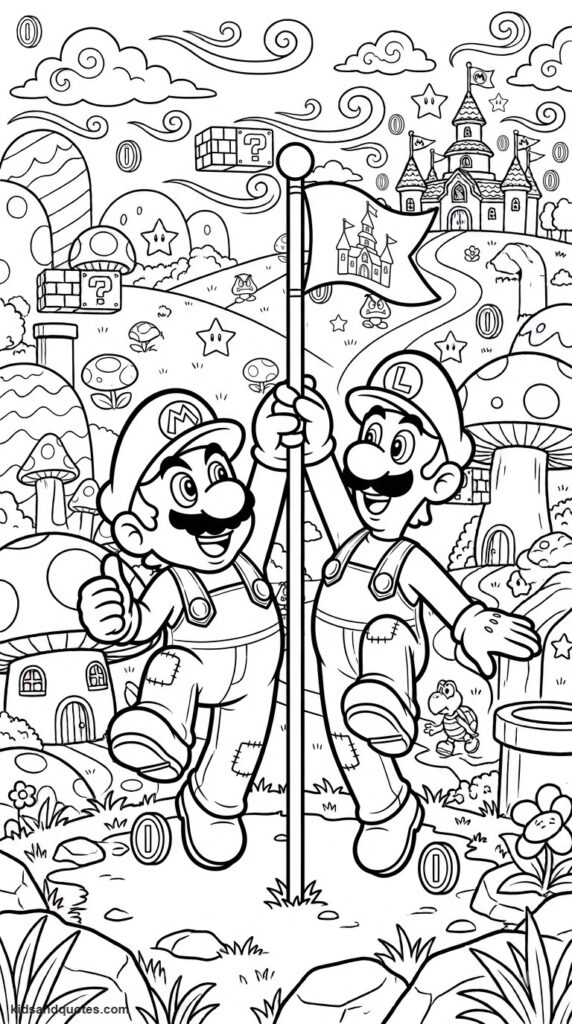 Coloring page of Mario and Luigi hanging from a flagpole.