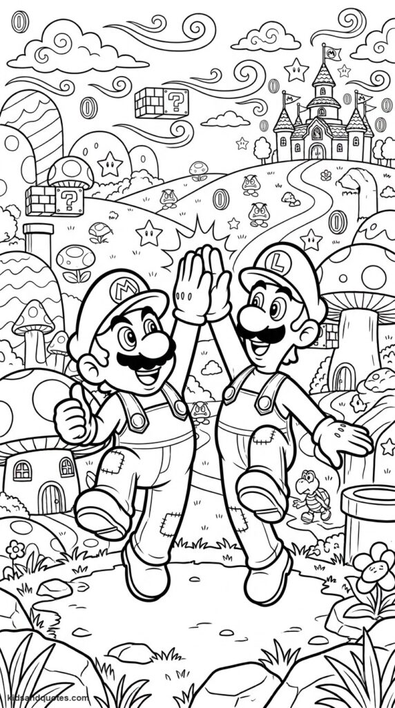 Coloring page of Mario and Luigi high-fiving.