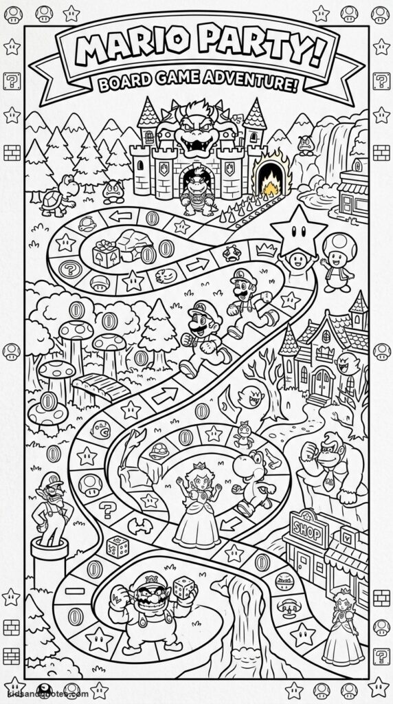 Coloring page of Mario Party game-board scene.