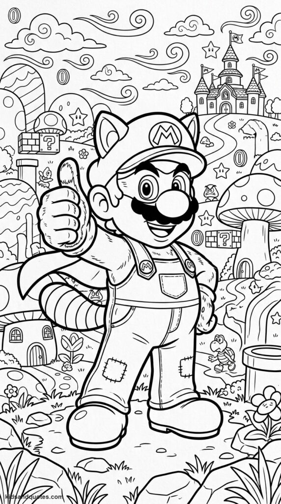 Coloring page of Mario in his Raccoon suit.