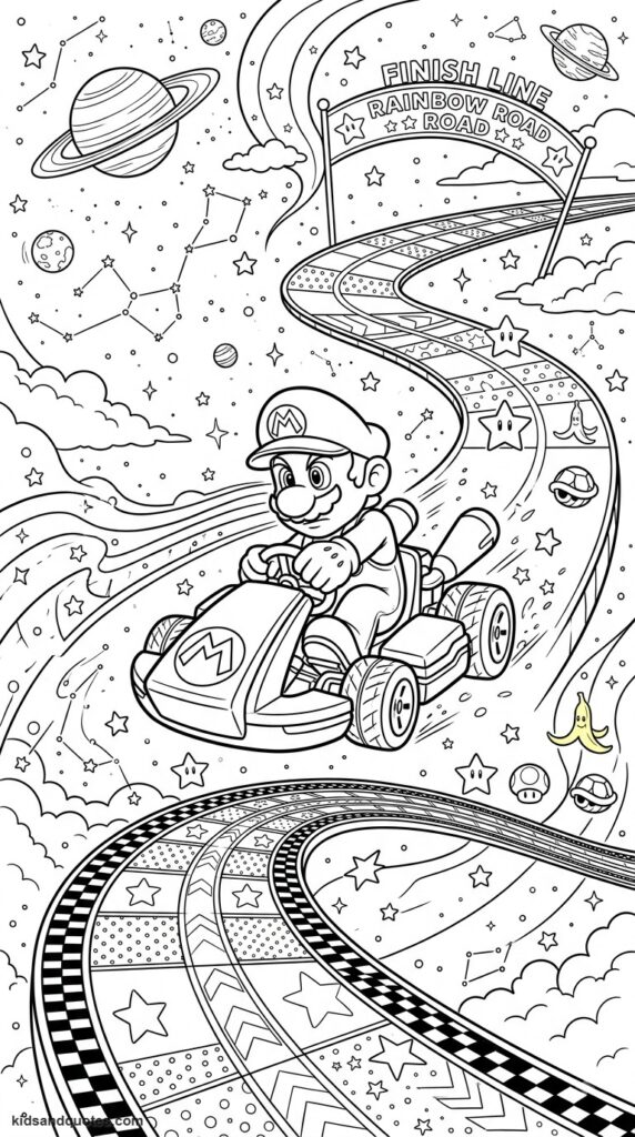 Coloring page of Mario racing on Rainbow Road.