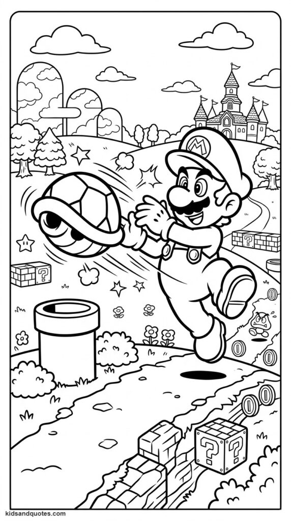 Coloring page of Mario tossing a Koopa shell.
