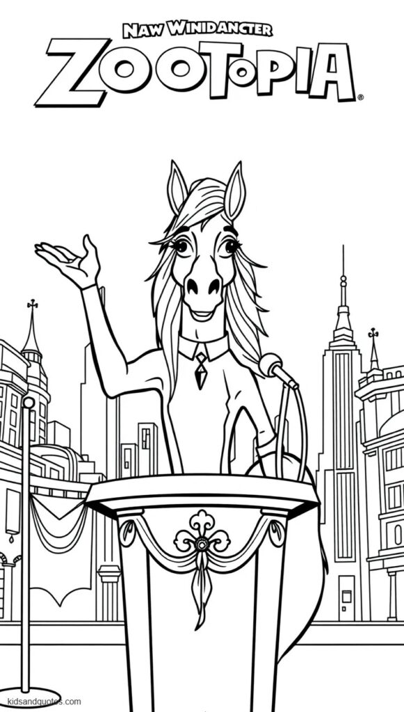 Coloring page of Mayor Brian Winddancer, a long-maned stallion, standing proudly at a city podium.