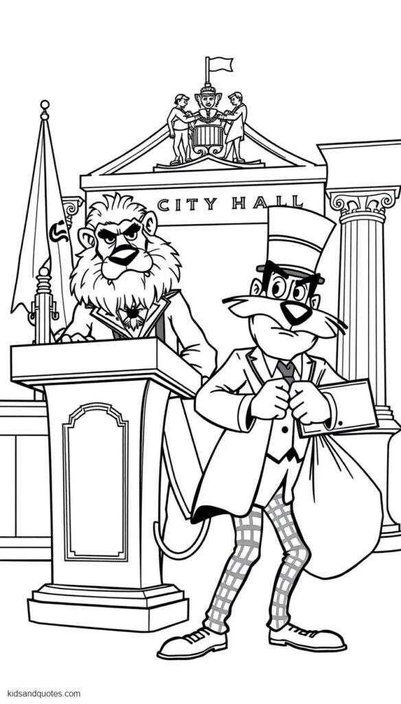Mayor Leodore Lionheart standing grandly beside a City Hall podium while Duke Weaselton sneaks past carrying an oversized bag.