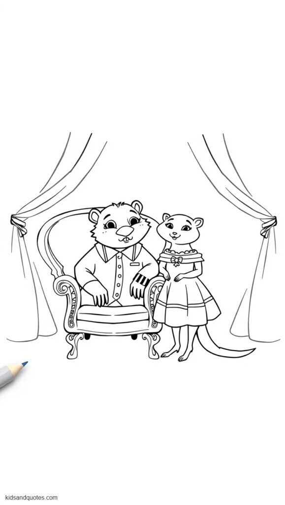 Coloring Page of Mr. Big seated in an elegant miniature chair while Fru Fru stands beside him wearing a stylish dress.