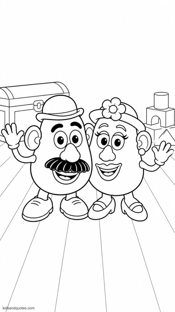 Coloring page: Mr. and Mrs. Potato Head together.