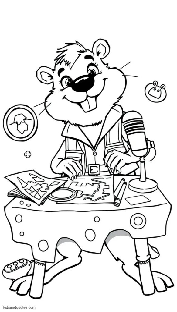 Coloring page of Nibbles Maplestick, an energetic beaver, working at a small investigation table covered with maps, magnifying glasses, tools and picture clues. 