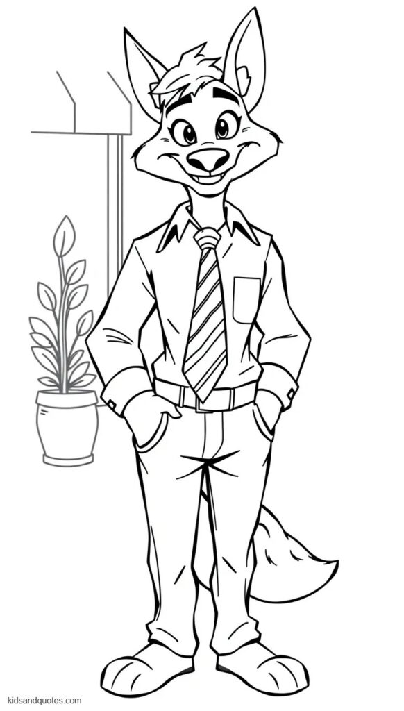 Free coloring page of Nick Wilde wearing his familiar collared shirt, striped necktie and trousers.