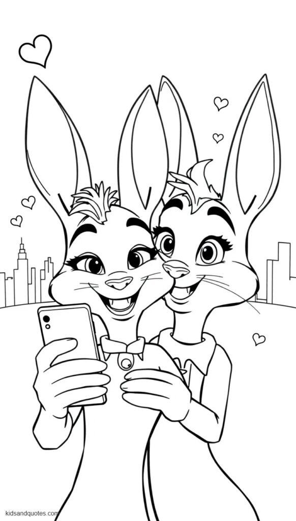 Easy coloring page of Judy Hopps holding a phone toward the viewer while taking a cheerful selfie with Nick Wilde.