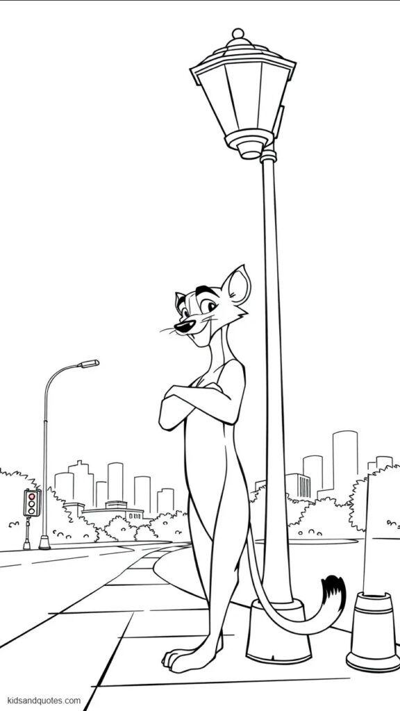 Coloring page of Nick Wilde casually leaning against a tall Savanna Central streetlight with his arms folded and tail curved beside him.