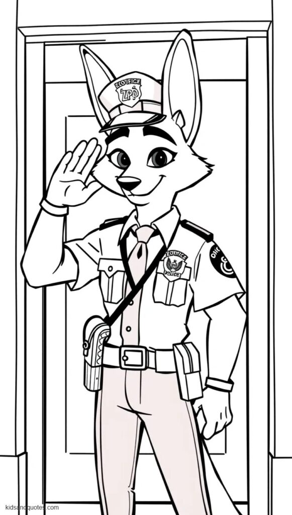 Coloring page of Nick Wilde as a proud ZPD police officer wearing a neatly fitted uniform, badge and utility belt. 