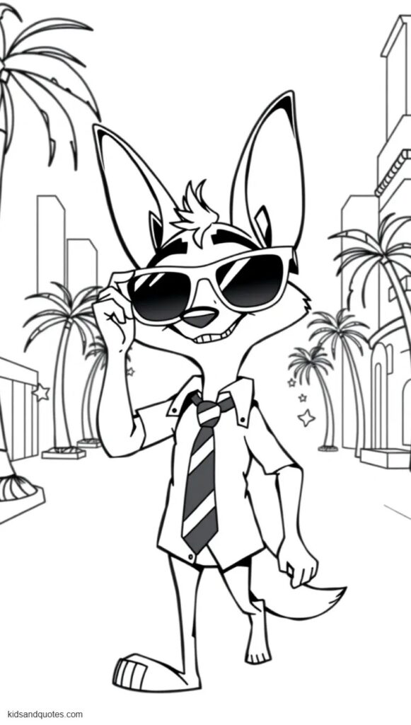 Coloring page of Nick Wilde walking through Zootopia wearing stylish sunglasses, his collared shirt and striped tie.